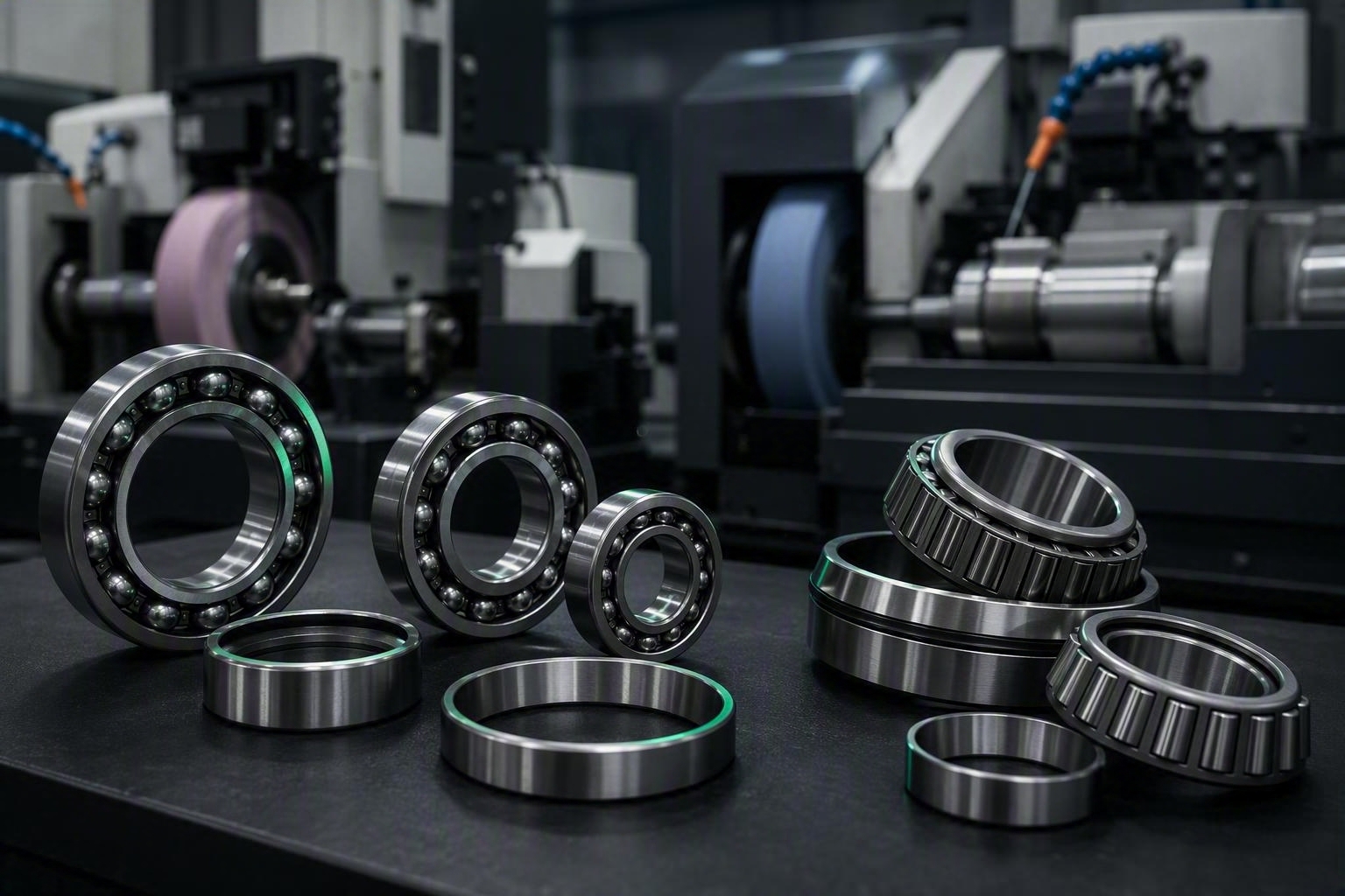 Machining Precision ball and tapered roller bearings in front of grinding machines