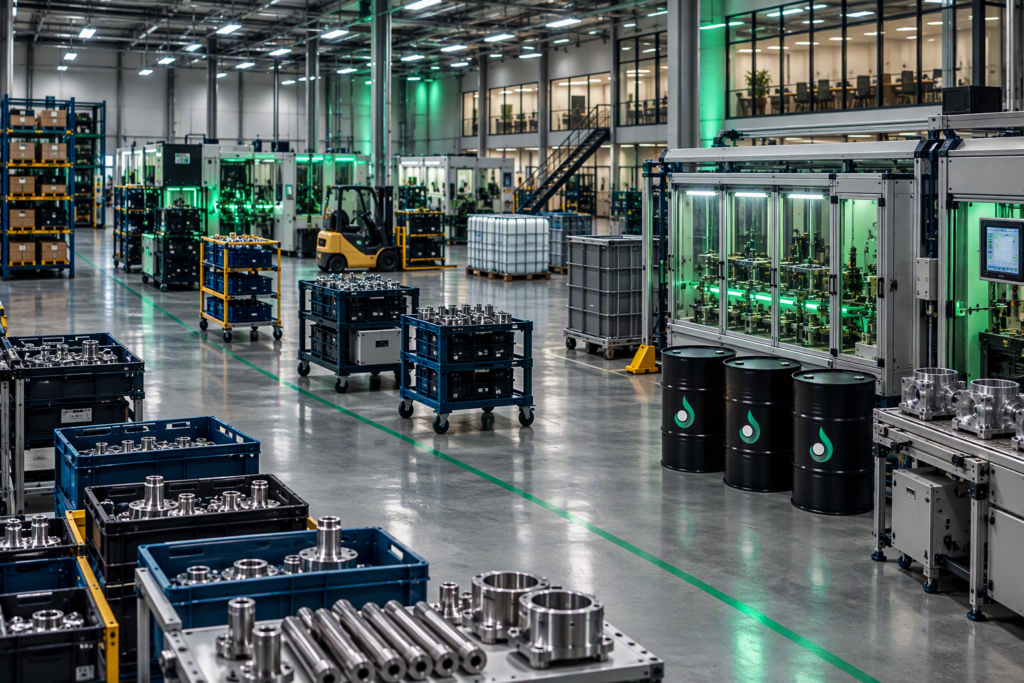 Modern manufacturing floor with machines, carts of finished parts, and drums of lubricant