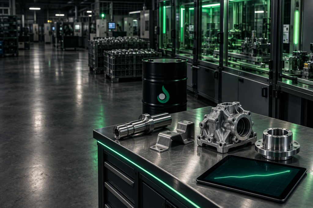 Modern manufacturing floor with machines, carts of finished parts, and drums of lubricant